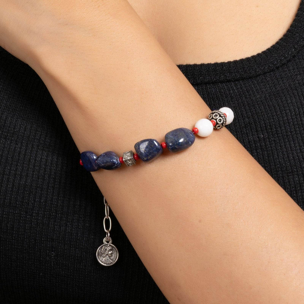 Handmade Lapis Lazuli Bracelet with White Semi Precious Stones Jade - Adjustable Design - Lookandadorn.com
