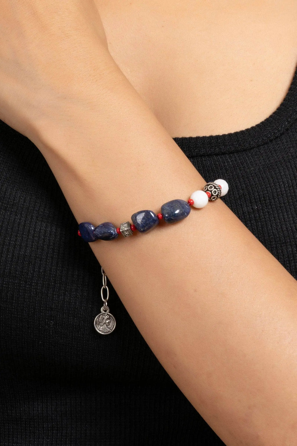 Handmade Lapis Lazuli Bracelet with White Semi Precious Stones Jade - Adjustable Design - Lookandadorn.com
