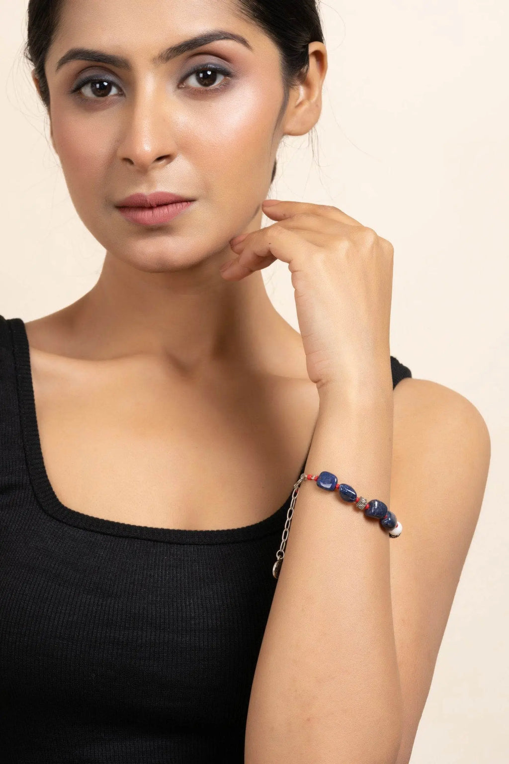 Handmade Lapis Lazuli Bracelet with White Semi Precious Stones Jade - Adjustable Design - Lookandadorn.com