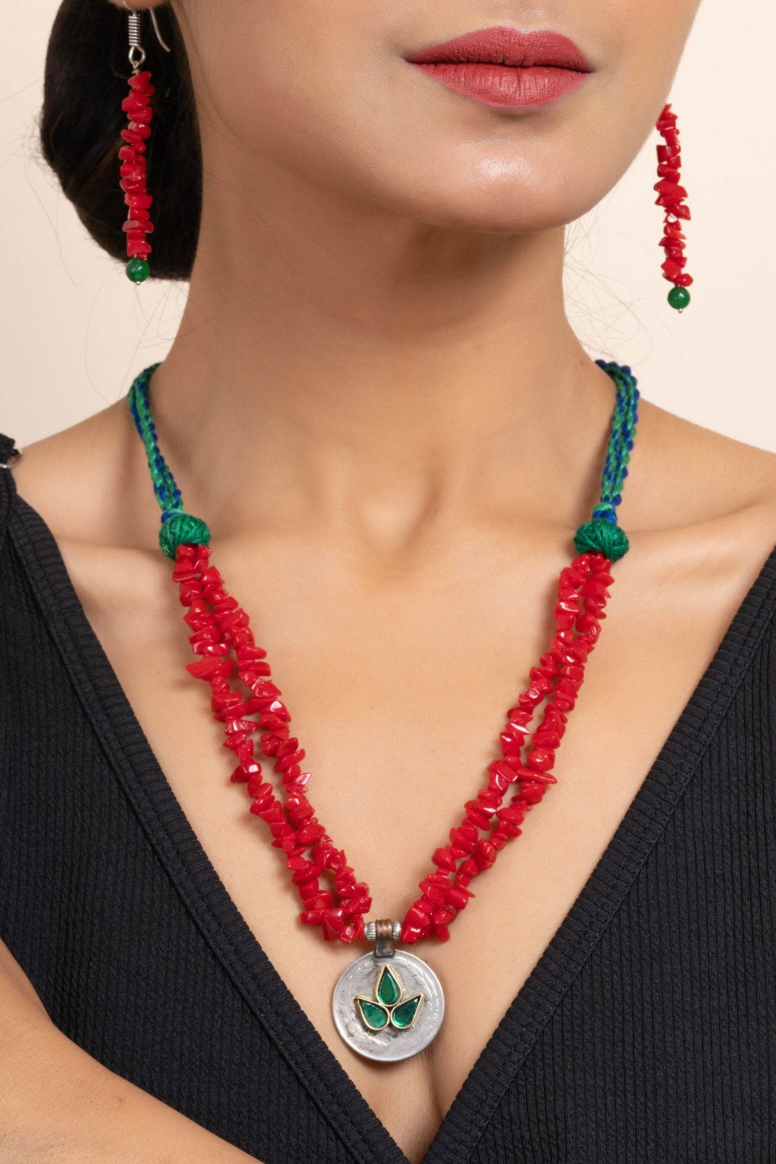 Handmade Afghan Pendant with Red Stone Chips Necklace Set & Matching Earrings for Women - Lookandadorn.com