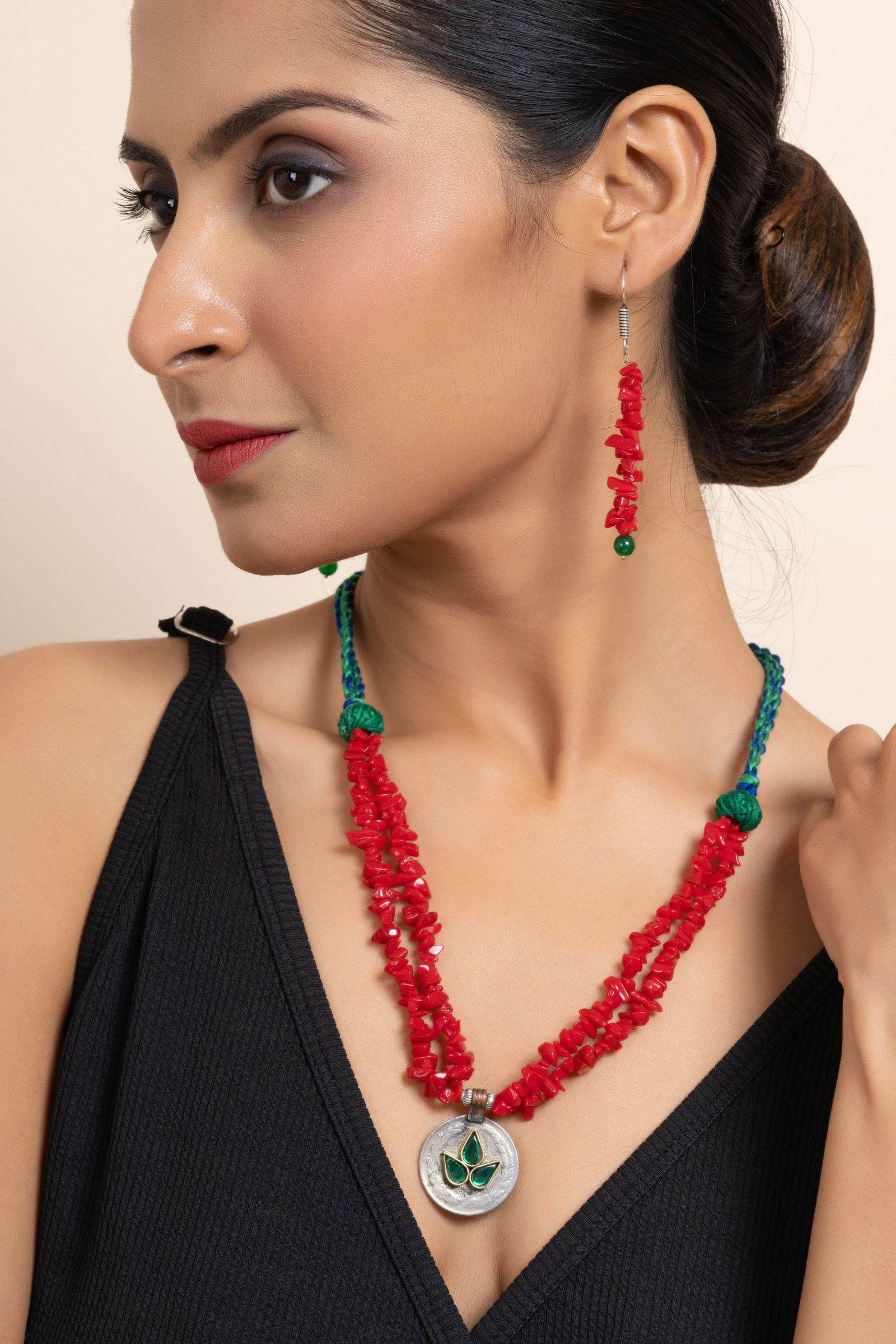 Handmade Afghan Pendant with Red Stone Chips Necklace Set & Matching Earrings for Women - Lookandadorn.com