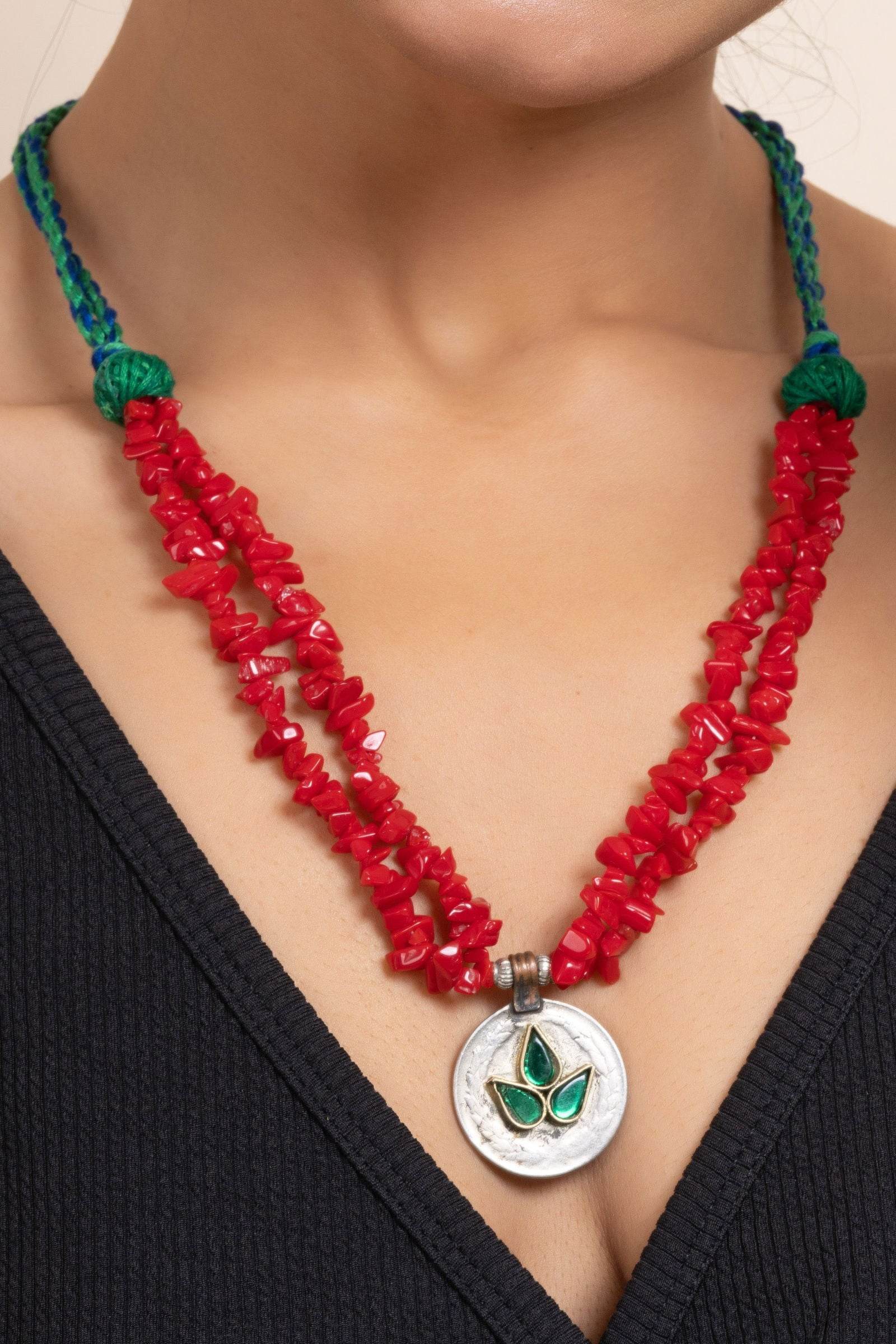 Handmade Afghan Pendant with Red Stone Chips Necklace Set & Matching Earrings for Women - Lookandadorn.com