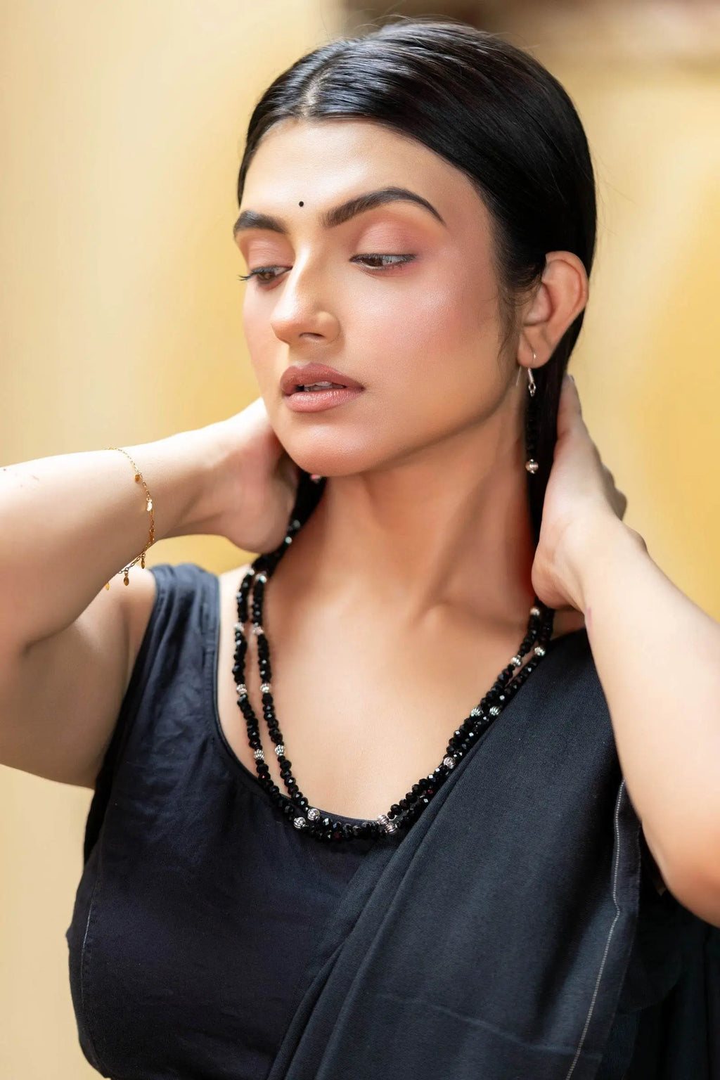 Handmade Double Layer Black Crystal German Silver Beads Necklace with Earrings Jewelry Set - Lookandadorn.com