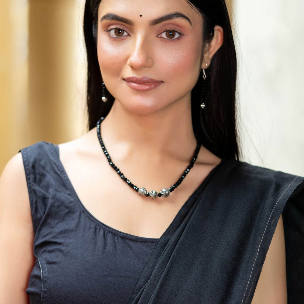 Handmade Black Crystal German Silver Beads Necklace with Earrings Jewelry Set - Lookandadorn.com