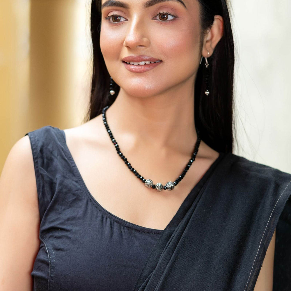 Handmade Black Crystal German Silver Beads Necklace with Earrings Jewelry Set - Lookandadorn.com