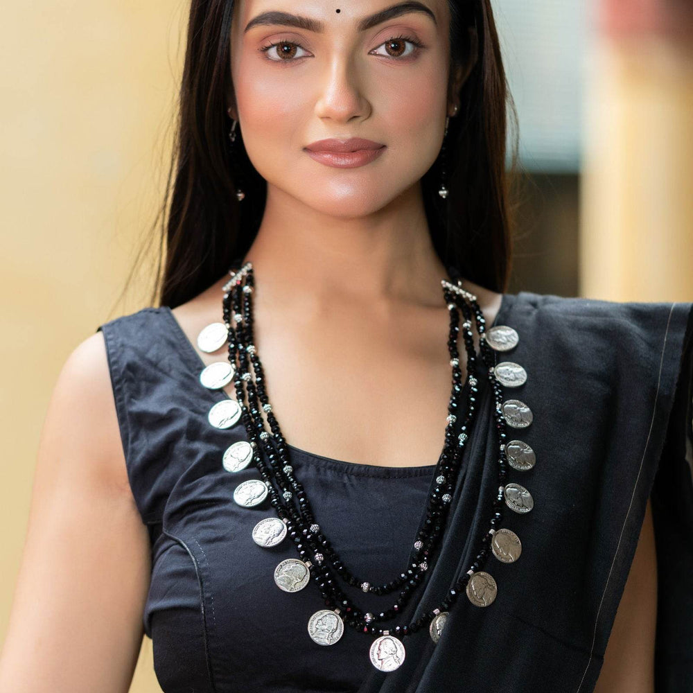 Handmade Triple Layer Black Crystal German Silver Coin Necklace with Earrings Jewelry Set - Lookandadorn.com