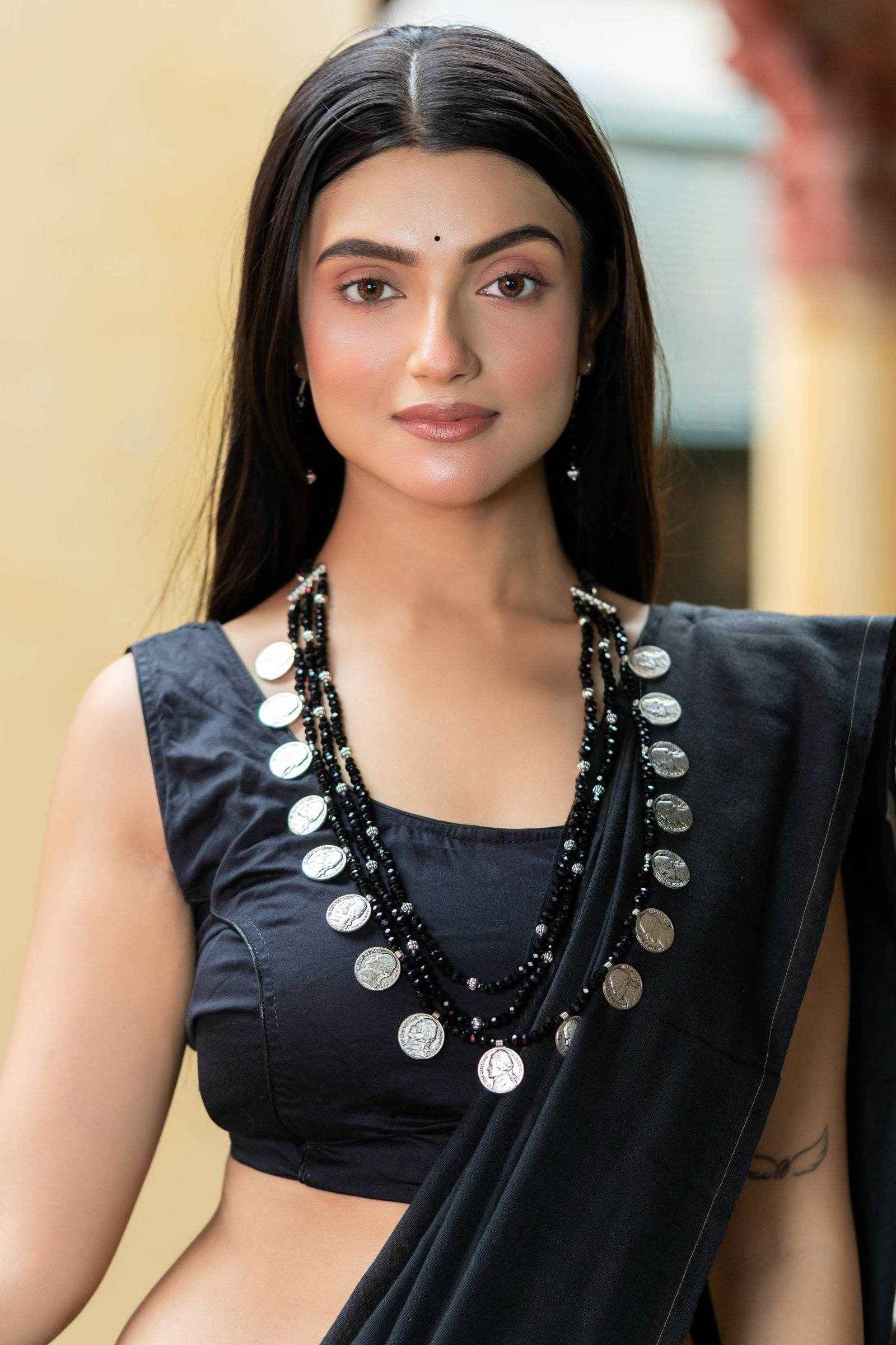 Handmade Triple Layer Black Crystal German Silver Coin Necklace with Earrings Jewelry Set - Lookandadorn.com