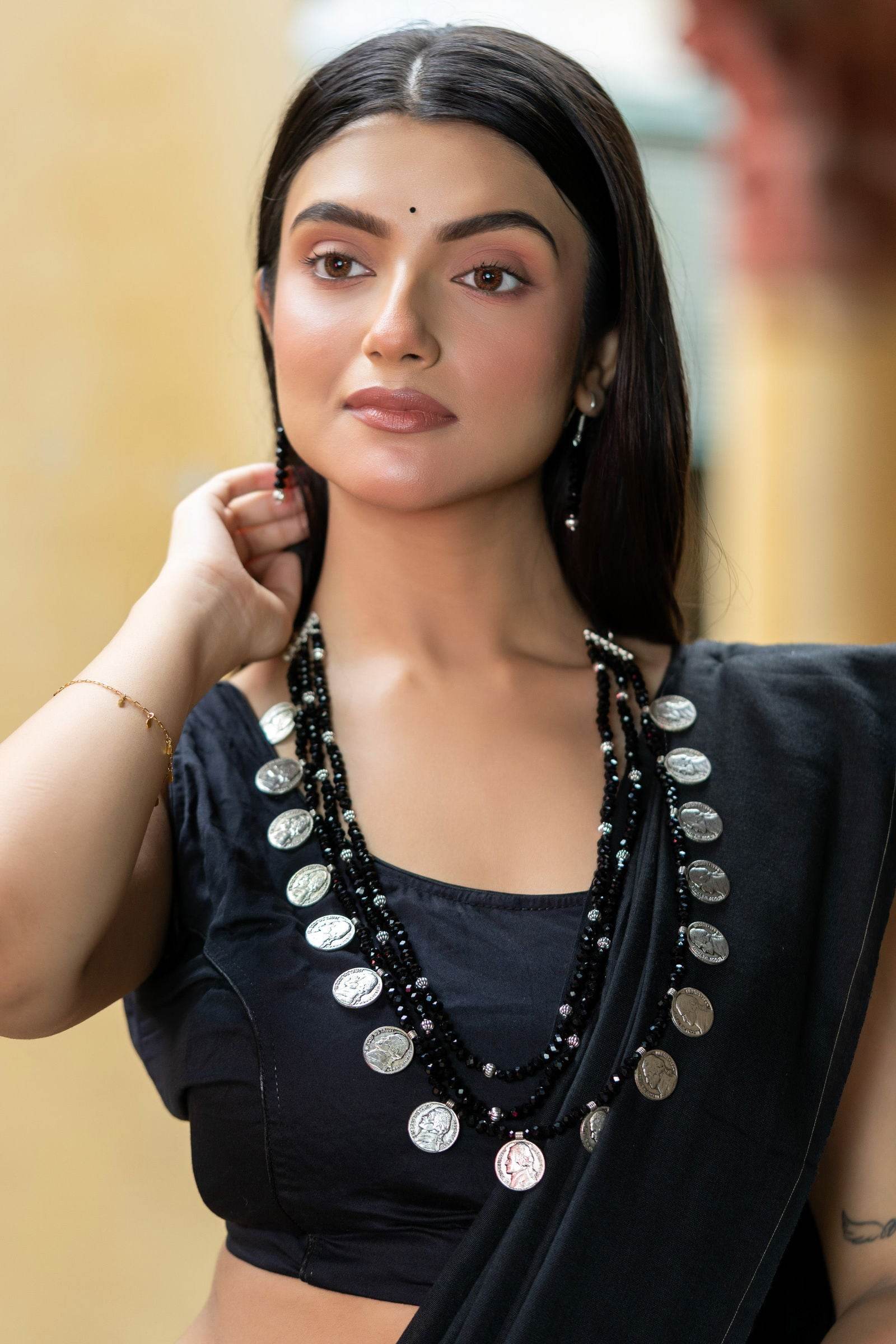 Handmade Triple Layer Black Crystal German Silver Coin Necklace with Earrings Jewelry Set - Lookandadorn.com