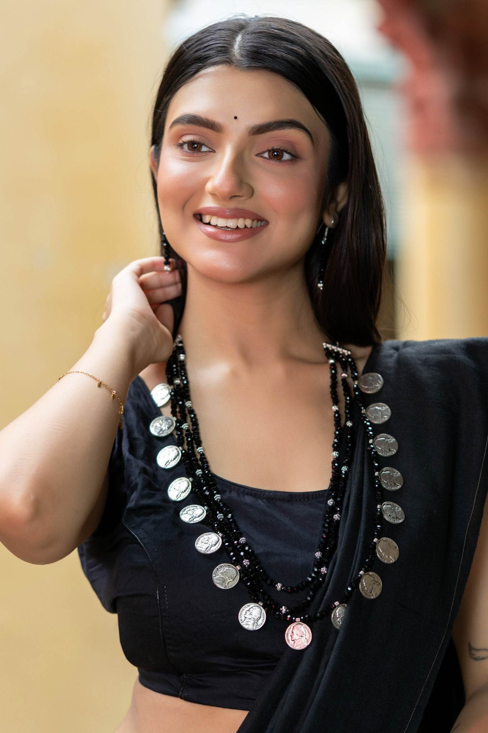 Handmade Triple Layer Black Crystal German Silver Coin Necklace with Earrings Jewelry Set - Lookandadorn.com