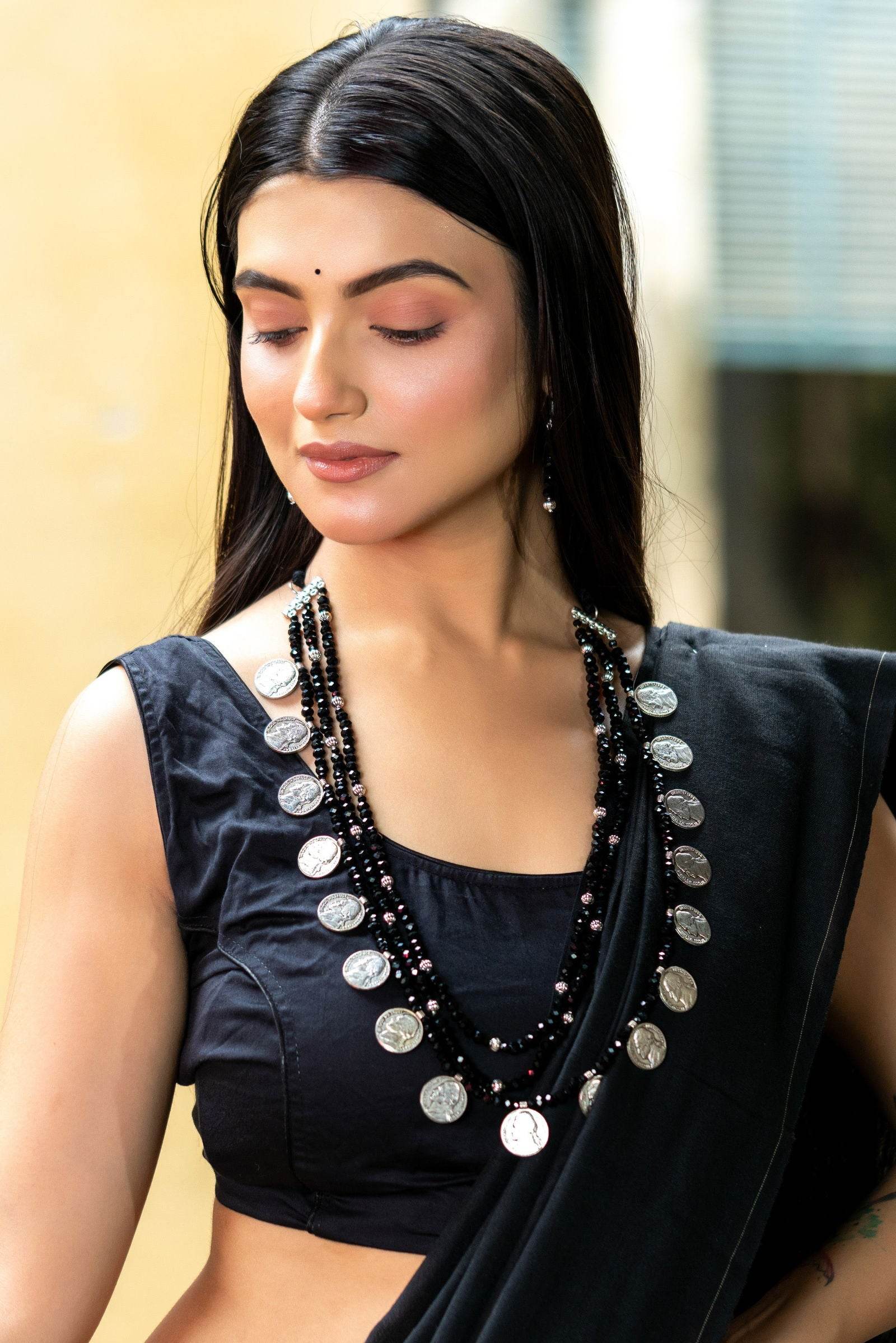 Handmade Triple Layer Black Crystal German Silver Coin Necklace with Earrings Jewelry Set - Lookandadorn.com