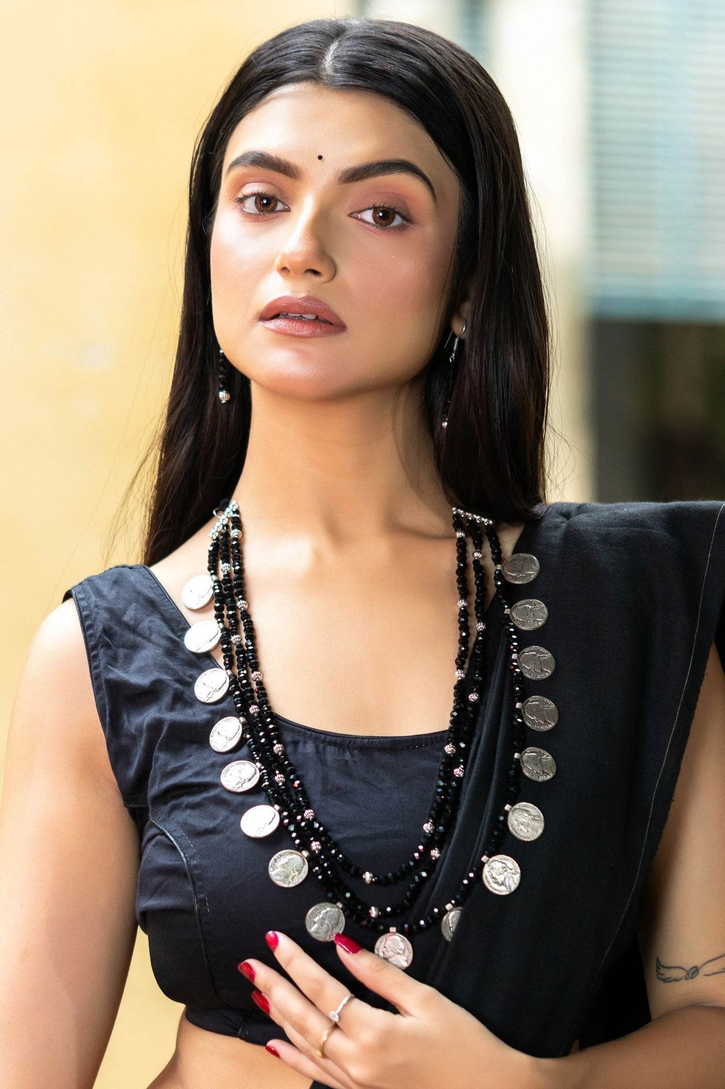 Handmade Triple Layer Black Crystal German Silver Coin Necklace with Earrings Jewelry Set - Lookandadorn.com