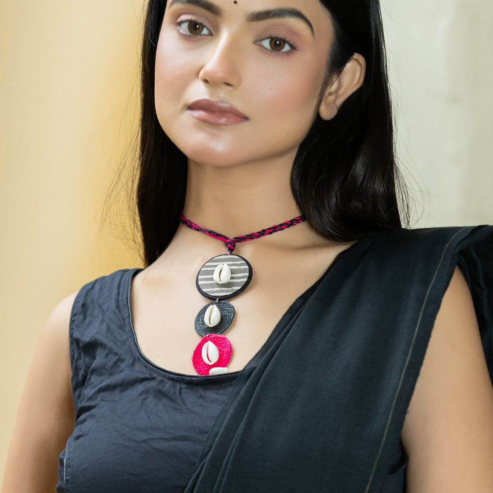 Handmade Black Gray Pink Jute Cowrie Fabric Choker Necklace Sets with Matching Earrings - Lookandadorn.com