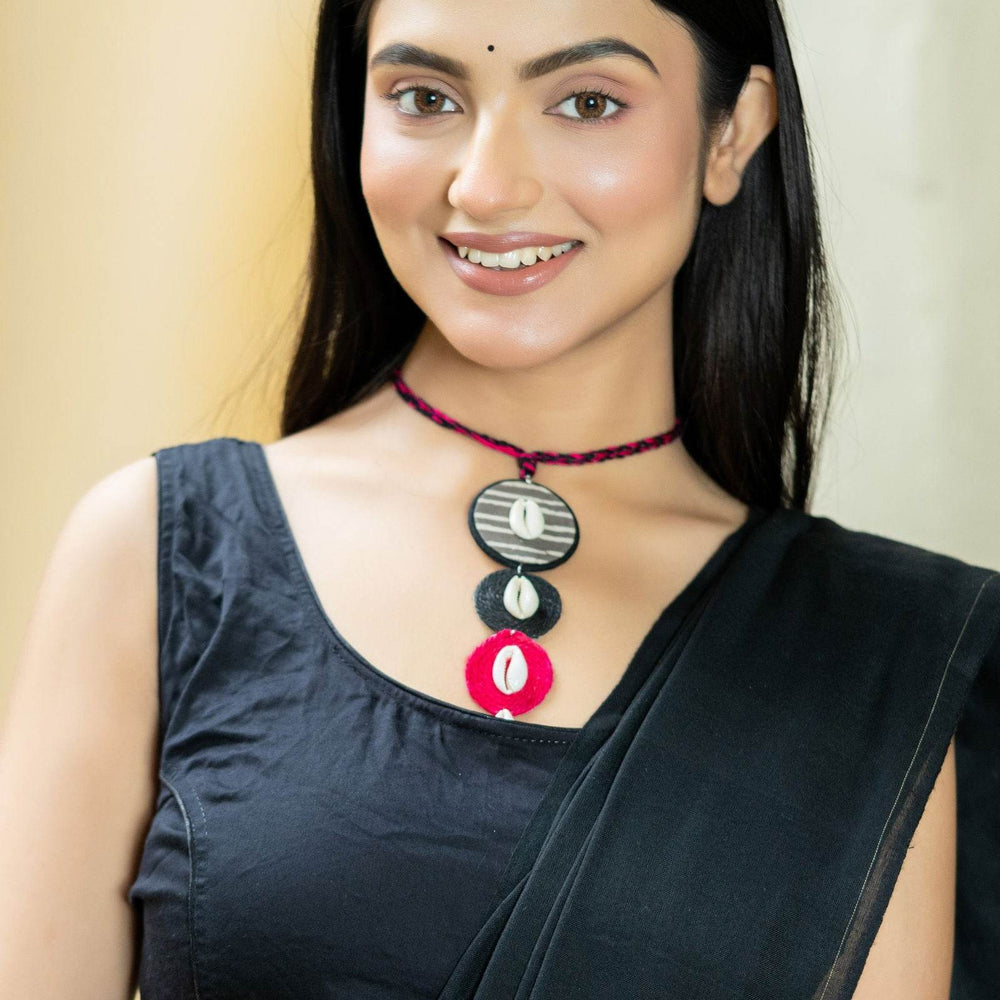 Handmade Black Gray Pink Jute Cowrie Fabric Choker Necklace Sets with Matching Earrings - Lookandadorn.com