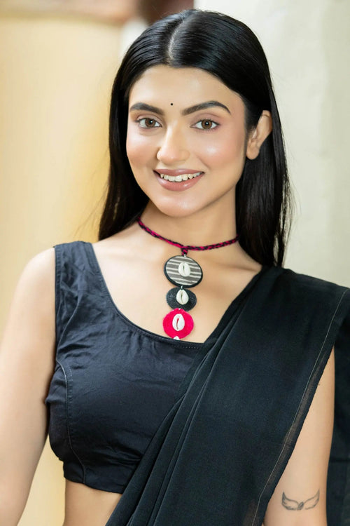 Handmade Black Gray Pink Jute Cowrie Fabric Choker Necklace Sets with Matching Earrings - Lookandadorn.com