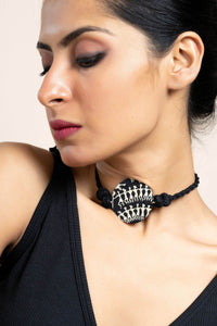 Handmade Black White Warli Fabric Choker Neckpiece with Adjustable Dori for Unique Style - Lookandadorn.com