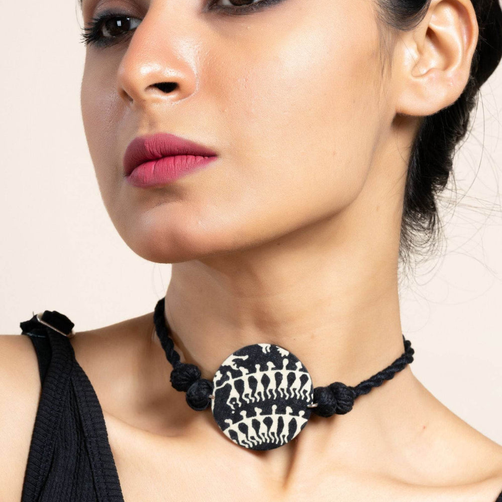 Handmade Black White Warli Fabric Choker Neckpiece with Adjustable Dori for Unique Style - Lookandadorn.com