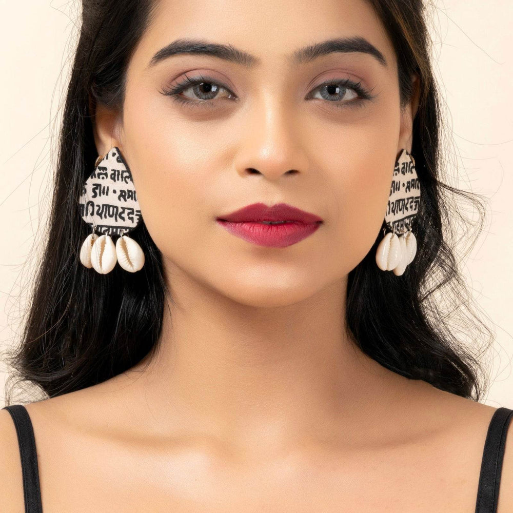 Unique Handmade Black and White Scripted Fabric Cowrie Stud Earrings - Unique Quirky Jewelry Accessory - Lookandadorn.com
