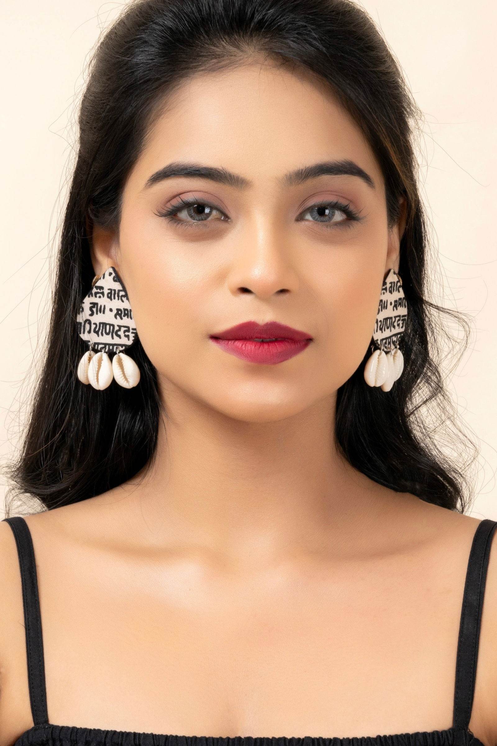 Unique Handmade Black and White Scripted Fabric Cowrie Stud Earrings - Unique Quirky Jewelry Accessory - Lookandadorn.com