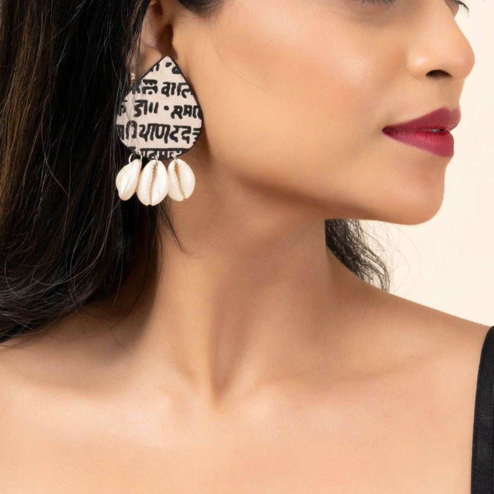 Unique Handmade Black and White Scripted Fabric Cowrie Stud Earrings - Unique Quirky Jewelry Accessory - Lookandadorn.com