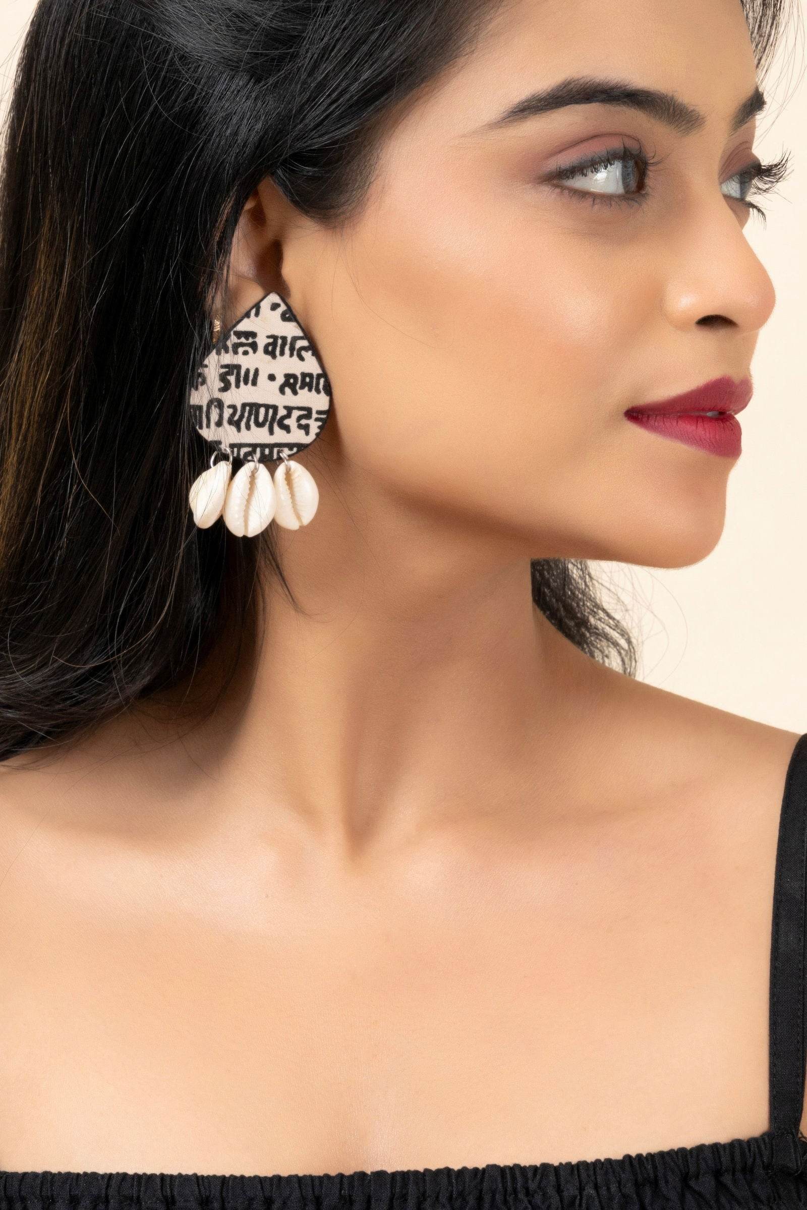 Unique Handmade Black and White Scripted Fabric Cowrie Stud Earrings - Unique Quirky Jewelry Accessory - Lookandadorn.com