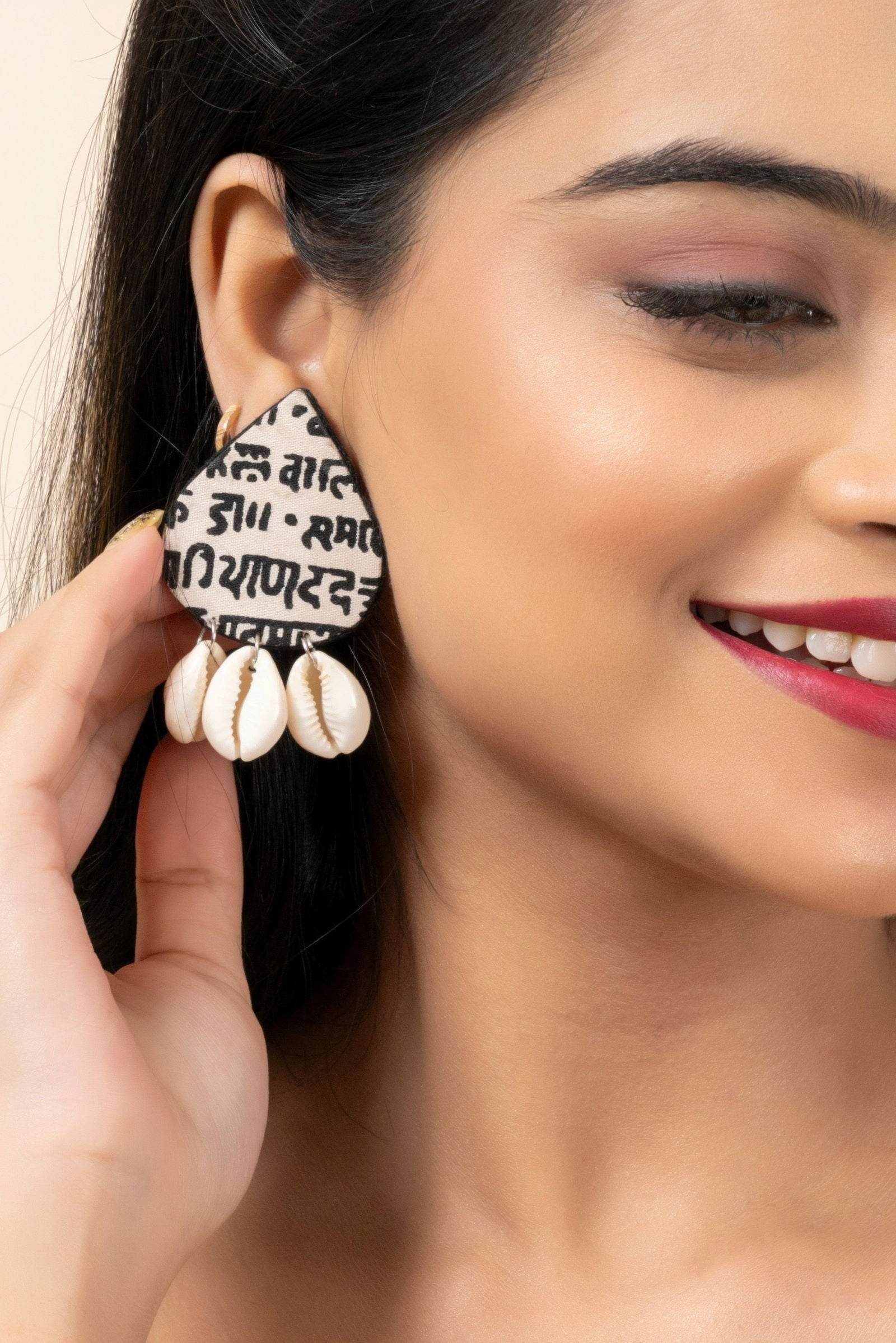 Unique Handmade Black and White Scripted Fabric Cowrie Stud Earrings - Unique Quirky Jewelry Accessory - Lookandadorn.com