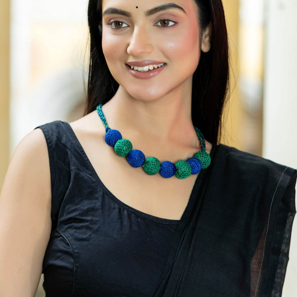 Handmade Blue Green Fabric Ball Necklace - Unique Choker with Elegant Design for Standout Style - Lookandadorn.com