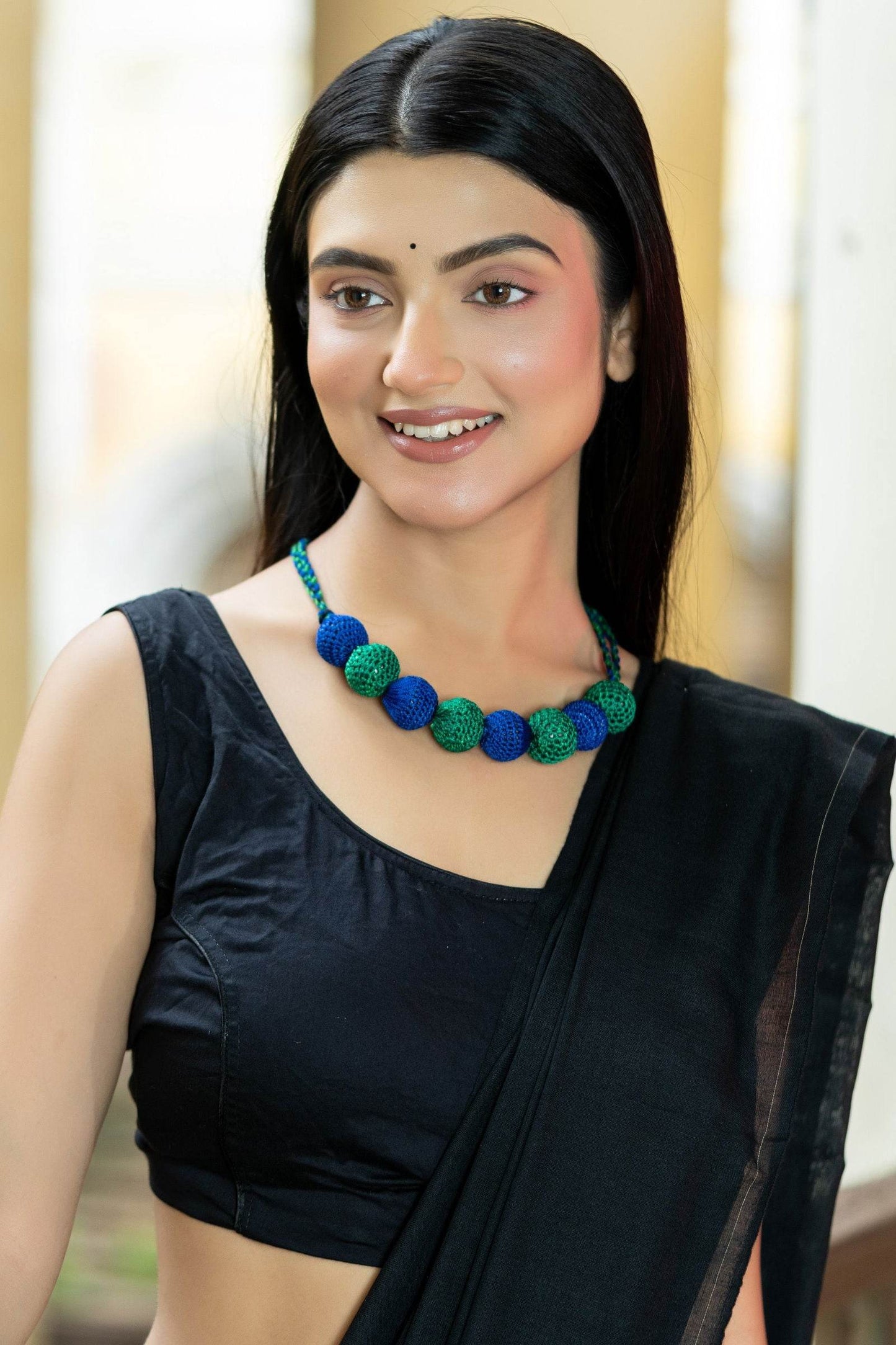 Handmade Blue Green Fabric Ball Necklace - Unique Choker with Elegant Design for Standout Style - Lookandadorn.com