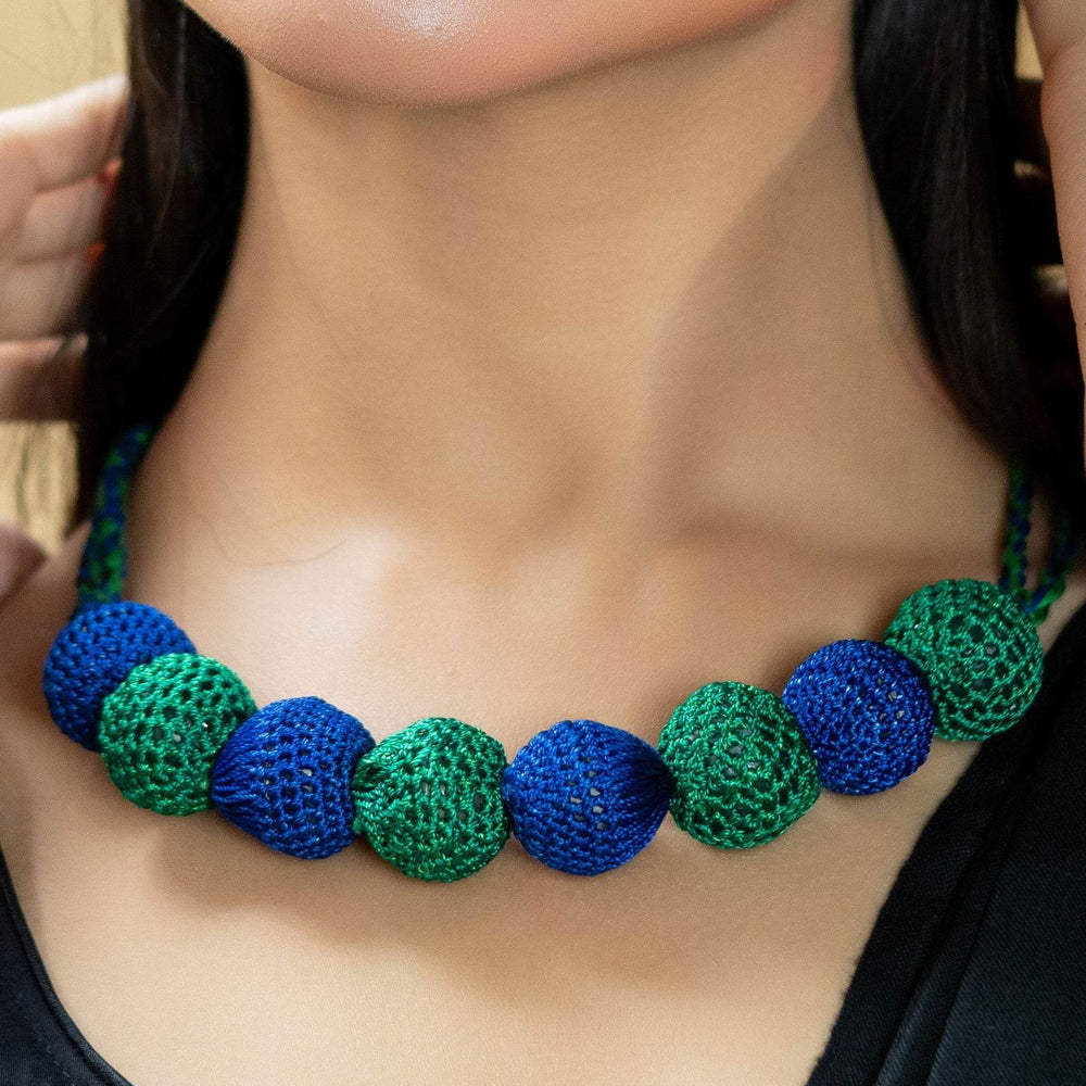 Handmade Blue Green Fabric Ball Necklace - Unique Choker with Elegant Design for Standout Style - Lookandadorn.com