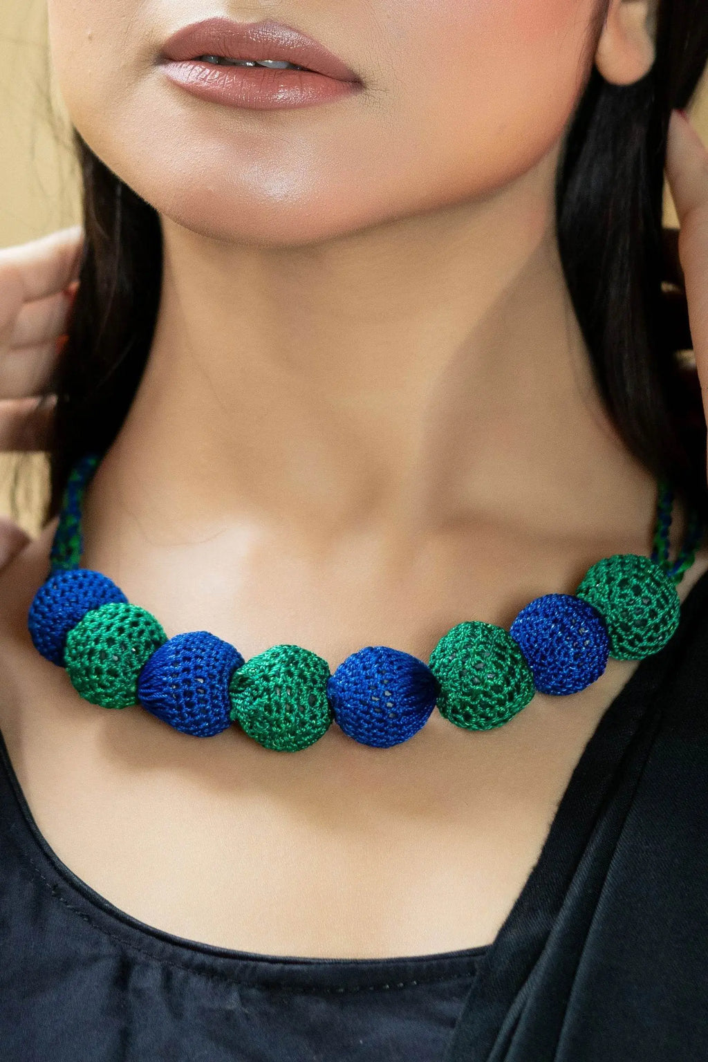 Handmade Blue Green Fabric Ball Necklace - Unique Choker with Elegant Design for Standout Style - Lookandadorn.com