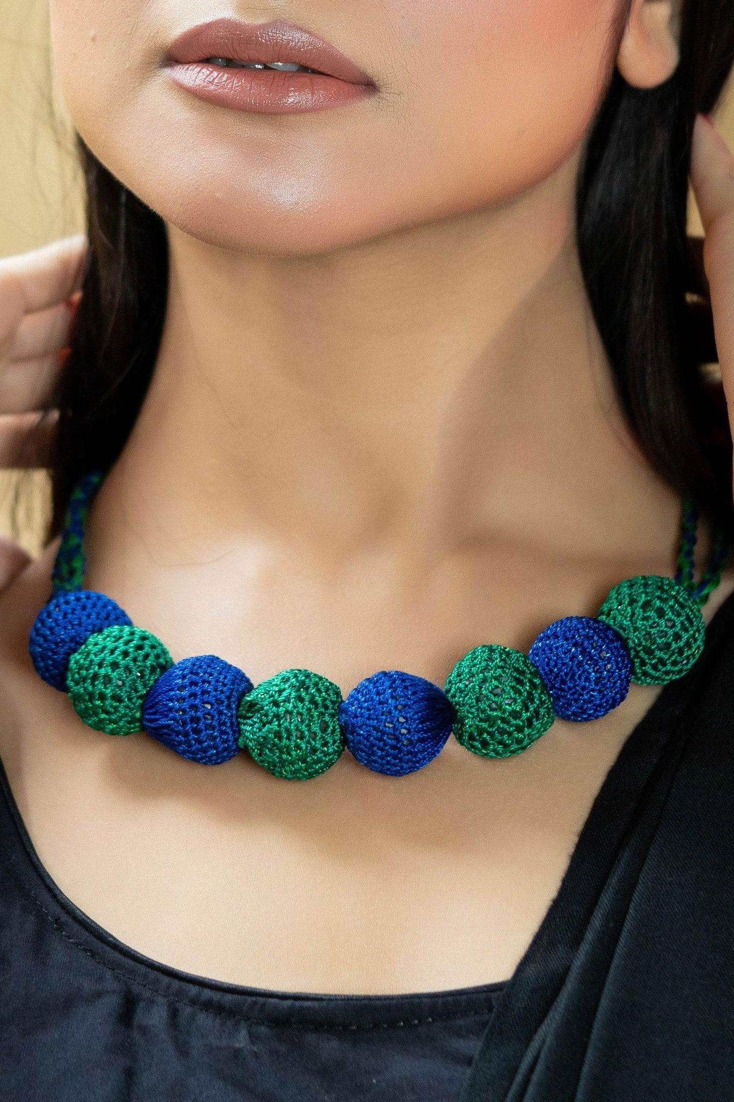 Handmade Blue Green Fabric Ball Necklace - Unique Choker with Elegant Design for Standout Style - Lookandadorn.com