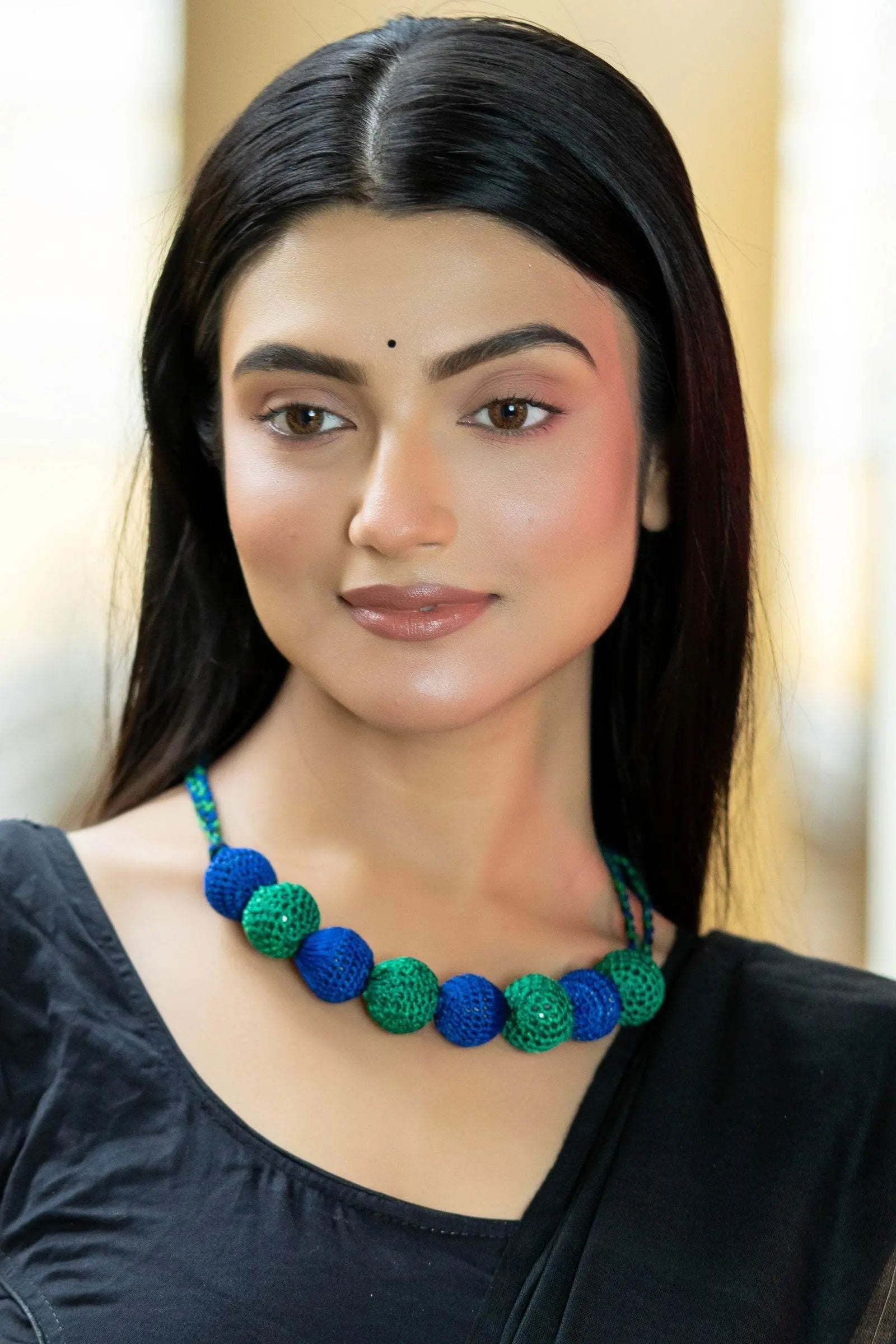 Handmade Blue Green Fabric Ball Necklace - Unique Choker with Elegant Design for Standout Style - Lookandadorn.com
