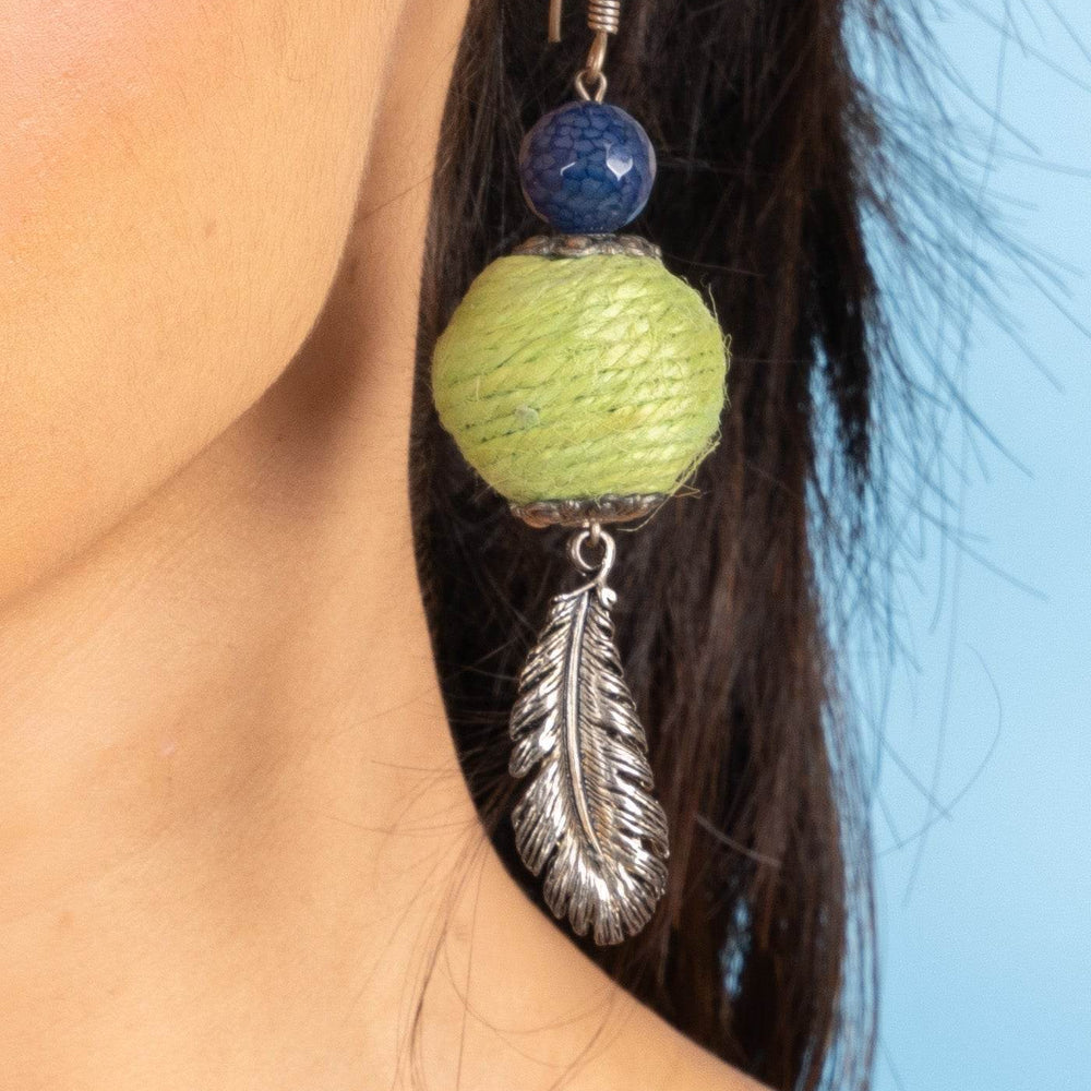 Handmade Blue Green Onyx Feather Earrings in Jute with German Silver Accents for Women and Girls - Lookandadorn.com
