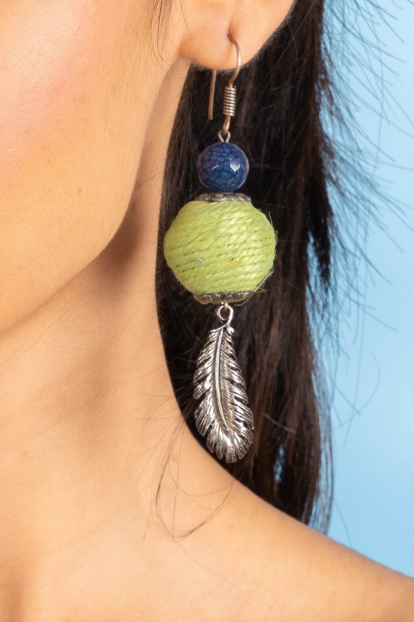 Handmade Blue Green Onyx Feather Earrings in Jute with German Silver Accents for Women and Girls - Lookandadorn.com