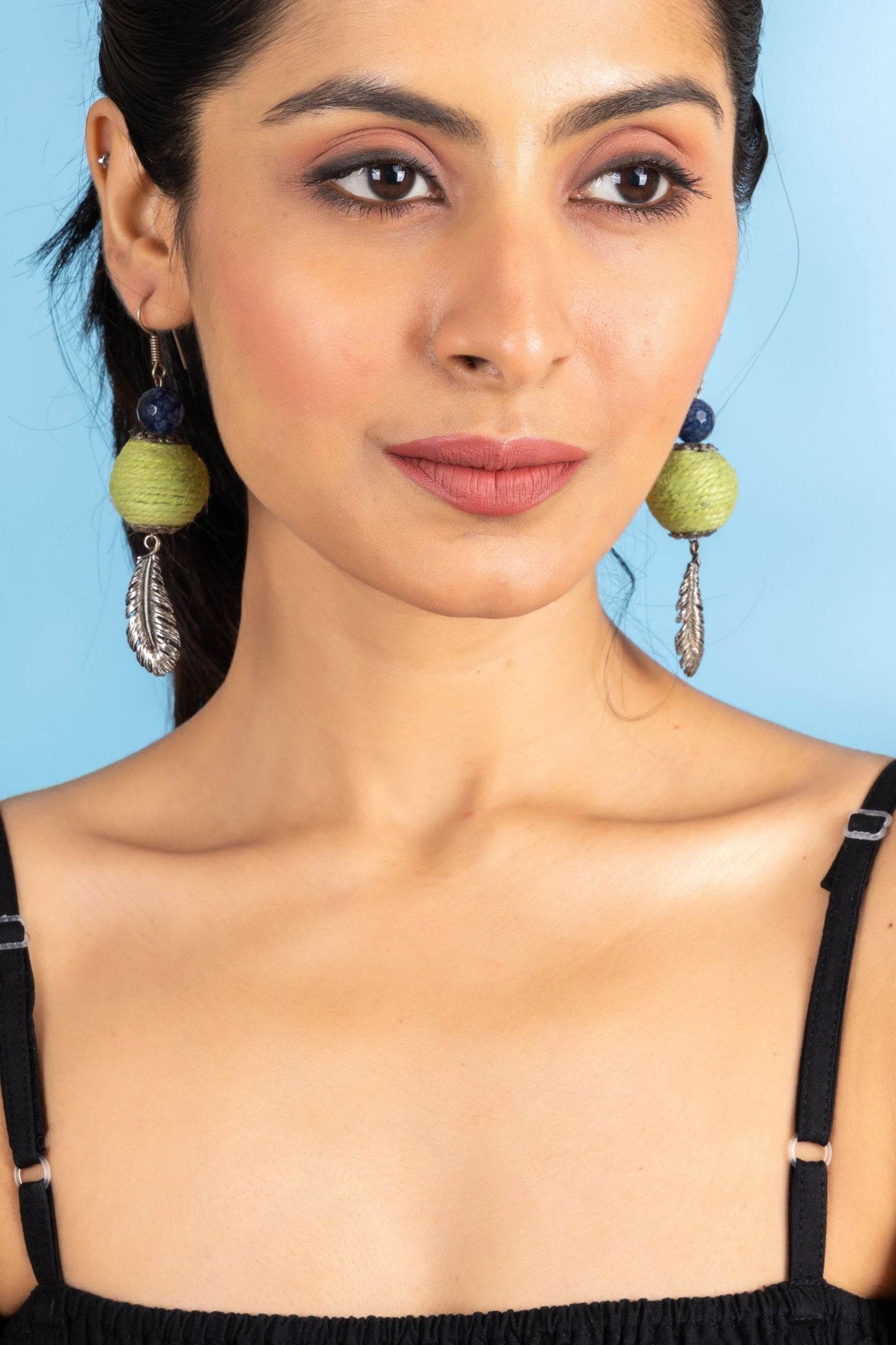 Handmade Blue Green Onyx Feather Earrings in Jute with German Silver Accents for Women and Girls - Lookandadorn.com