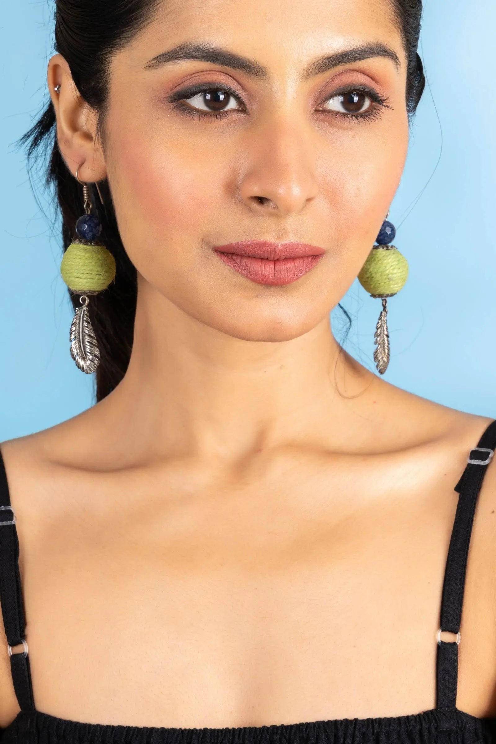 Handmade Blue Green Onyx Feather Earrings in Jute with German Silver Accents for Women and Girls - Lookandadorn.com