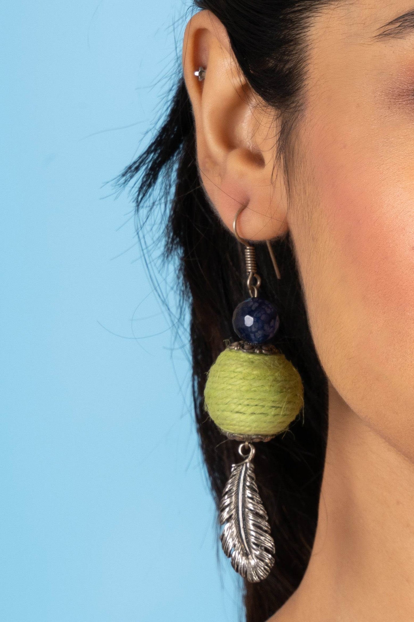 Handmade Blue Green Onyx Feather Earrings in Jute with German Silver Accents for Women and Girls - Lookandadorn.com