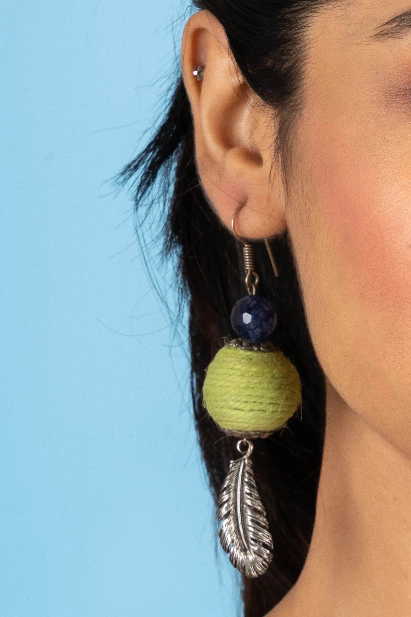 Handmade Blue Green Onyx Feather Earrings in Jute with German Silver Accents for Women and Girls - Lookandadorn.com