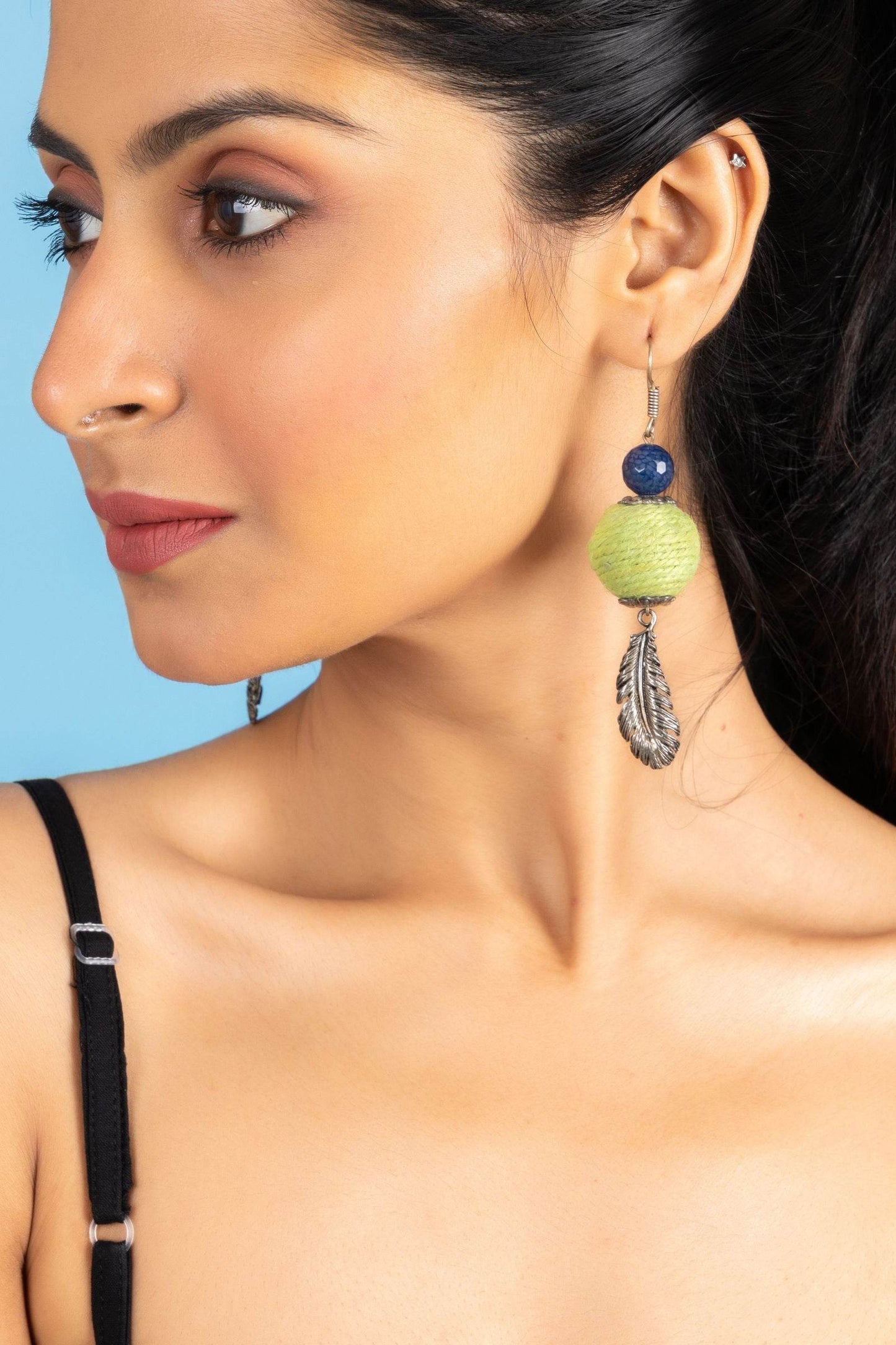 Handmade Blue Green Onyx Feather Earrings in Jute with German Silver Accents for Women and Girls - Lookandadorn.com