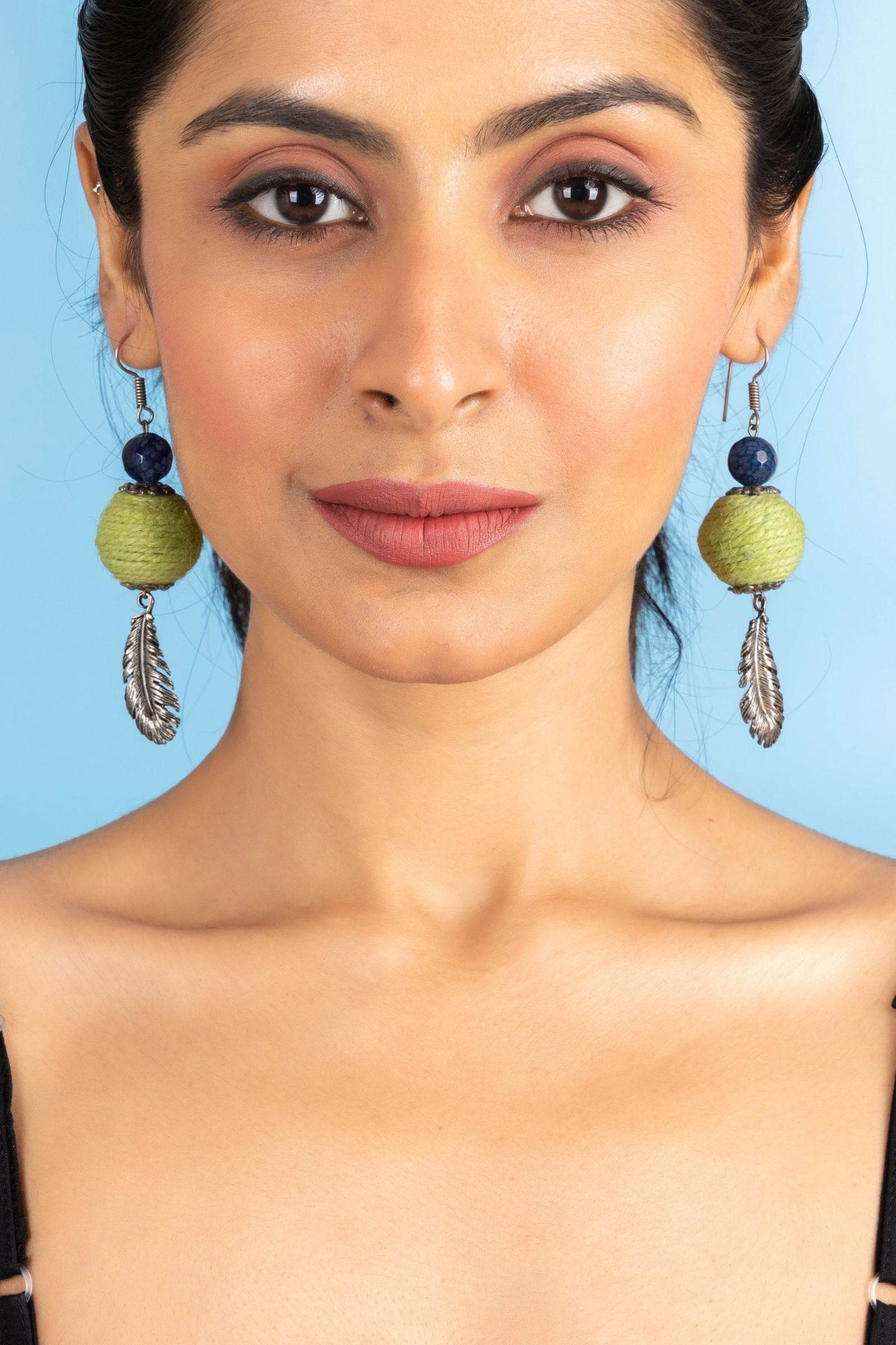 Handmade Blue Green Onyx Feather Earrings in Jute with German Silver Accents for Women and Girls - Lookandadorn.com