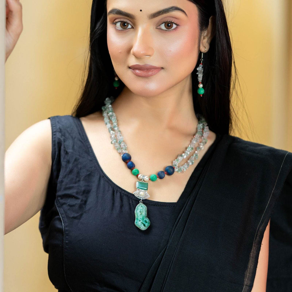Handmade Blue Green Semi Precious Drazy Lava Agate Stone Chips Necklace with earrings Jewelry Set - Lookandadorn.com