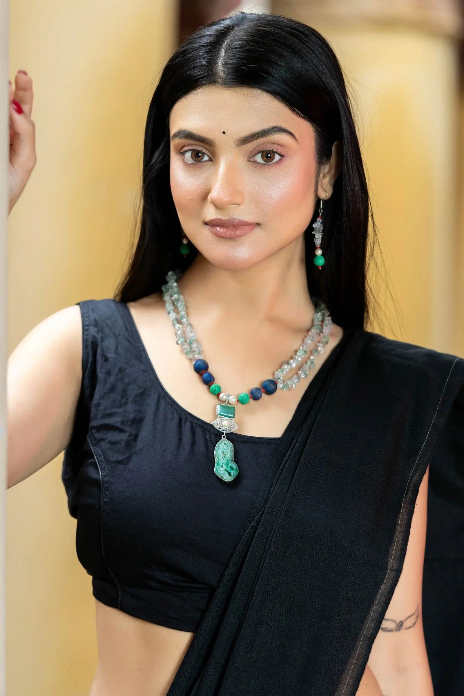 Handmade Blue Green Semi Precious Drazy Lava Agate Stone Chips Necklace with earrings Jewelry Set - Lookandadorn.com