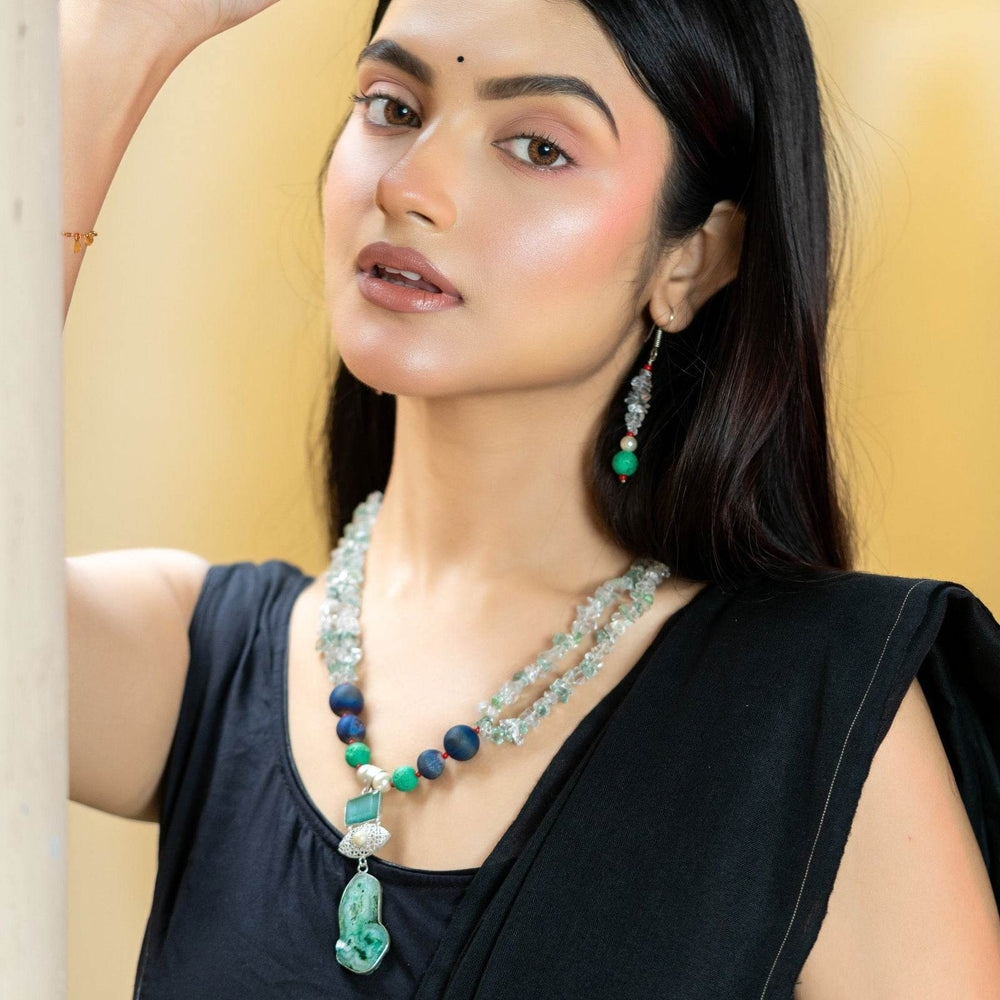 Handmade Blue Green Semi Precious Drazy Lava Agate Stone Chips Necklace with earrings Jewelry Set - Lookandadorn.com