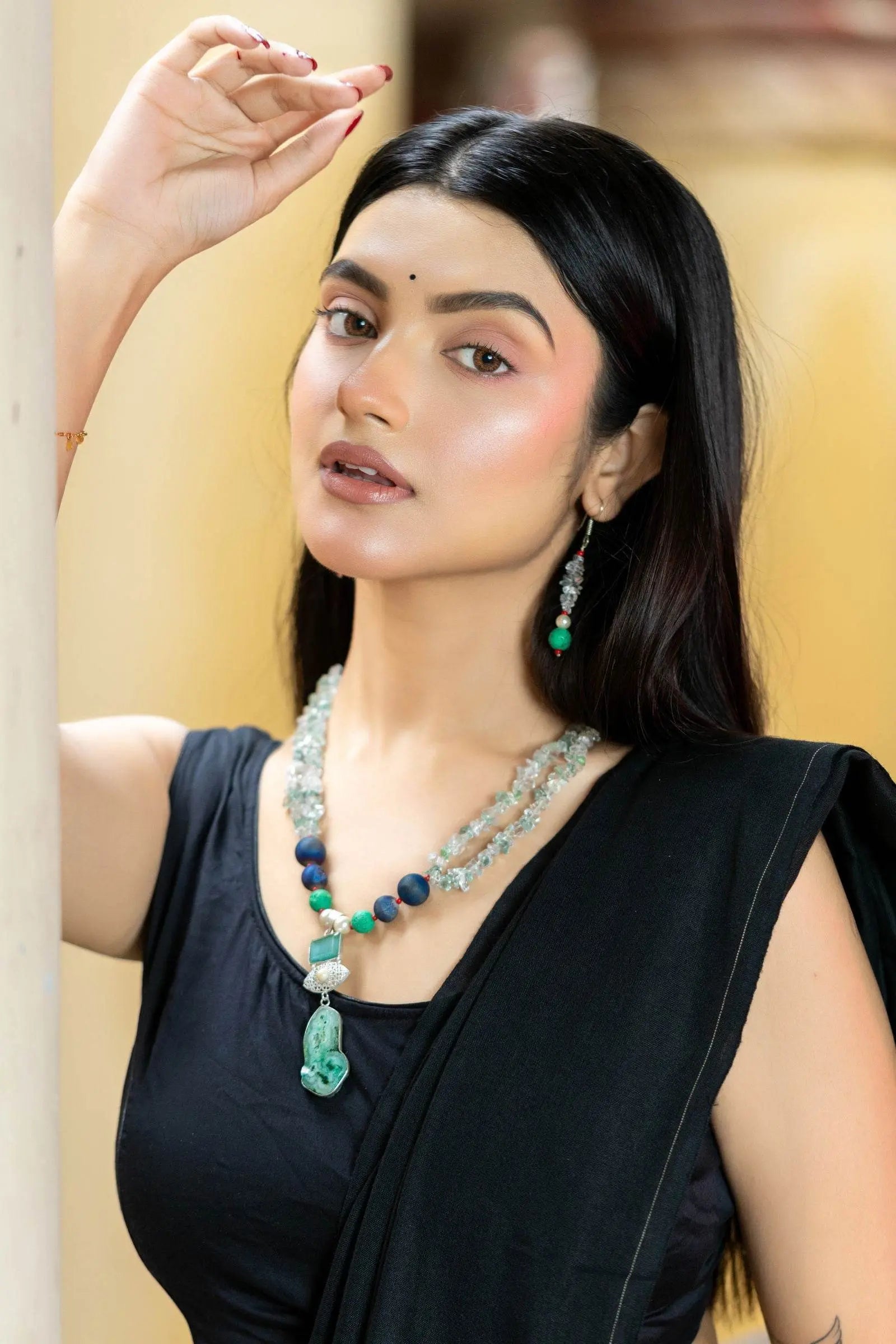 Handmade Blue Green Semi Precious Drazy Lava Agate Stone Chips Necklace with earrings Jewelry Set - Lookandadorn.com