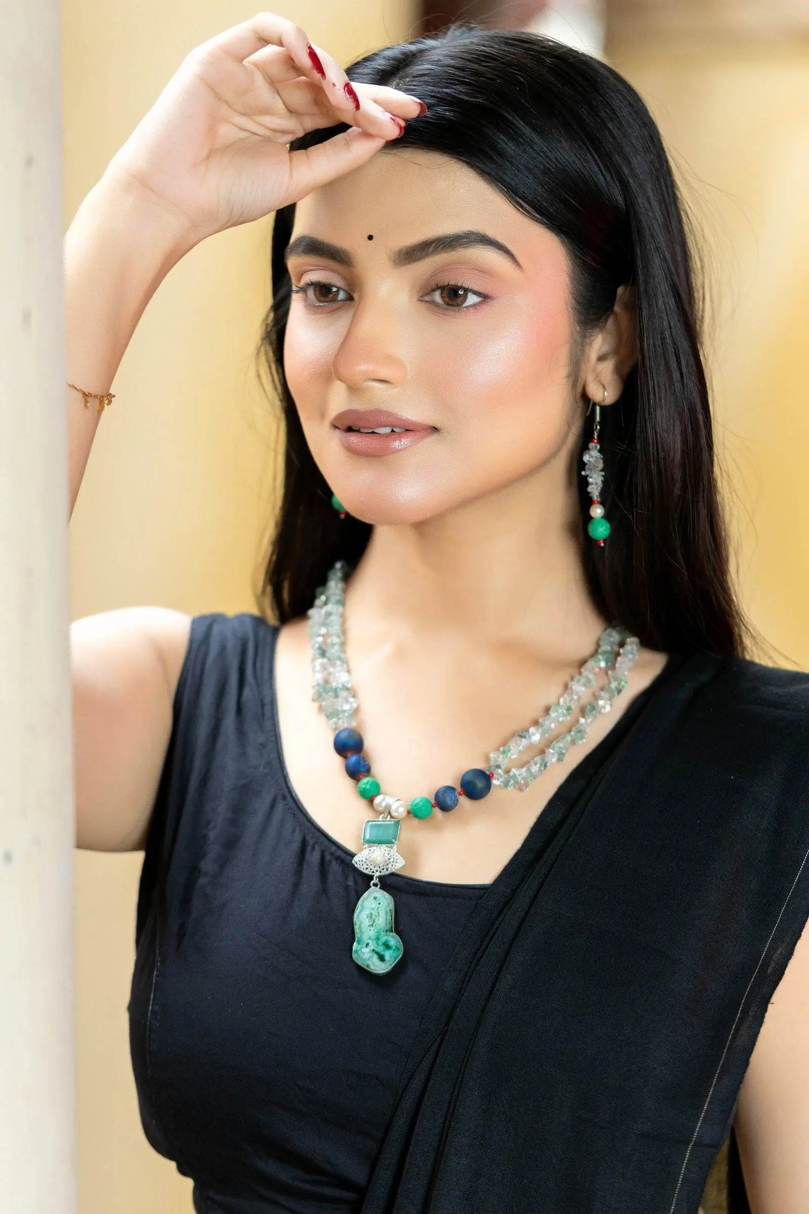 Handmade Blue Green Semi Precious Drazy Lava Agate Stone Chips Necklace with earrings Jewelry Set - Lookandadorn.com