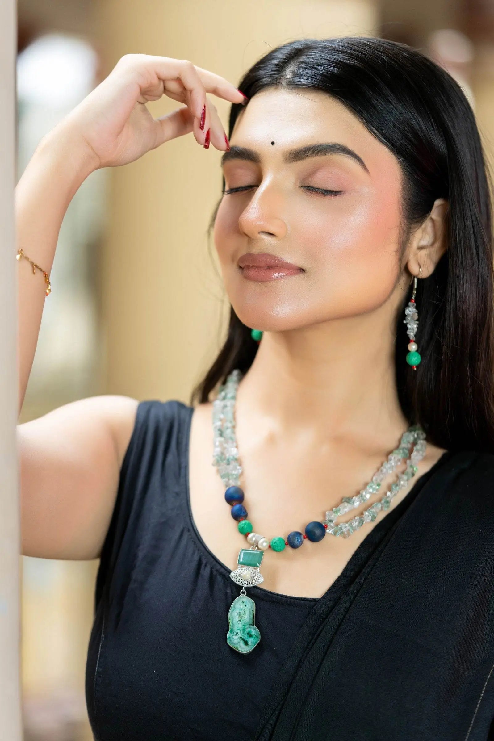 Handmade Blue Green Semi Precious Drazy Lava Agate Stone Chips Necklace with earrings Jewelry Set - Lookandadorn.com