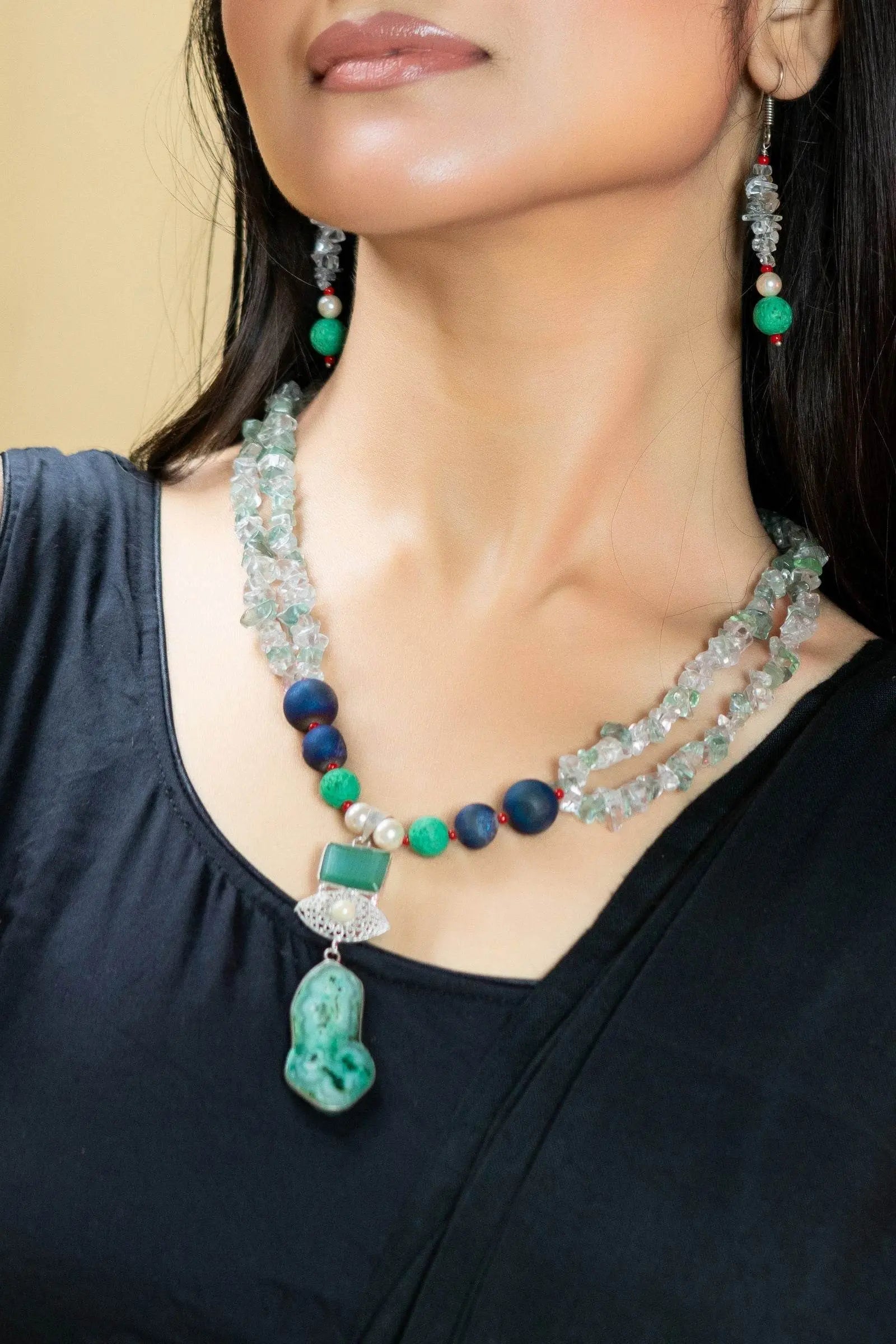 Handmade Blue Green Semi Precious Drazy Lava Agate Stone Chips Necklace with earrings Jewelry Set - Lookandadorn.com