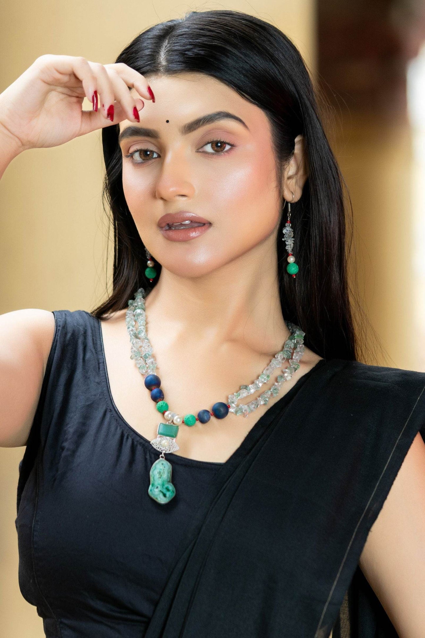 Handmade Blue Green Semi Precious Drazy Lava Agate Stone Chips Necklace with earrings Jewelry Set - Lookandadorn.com
