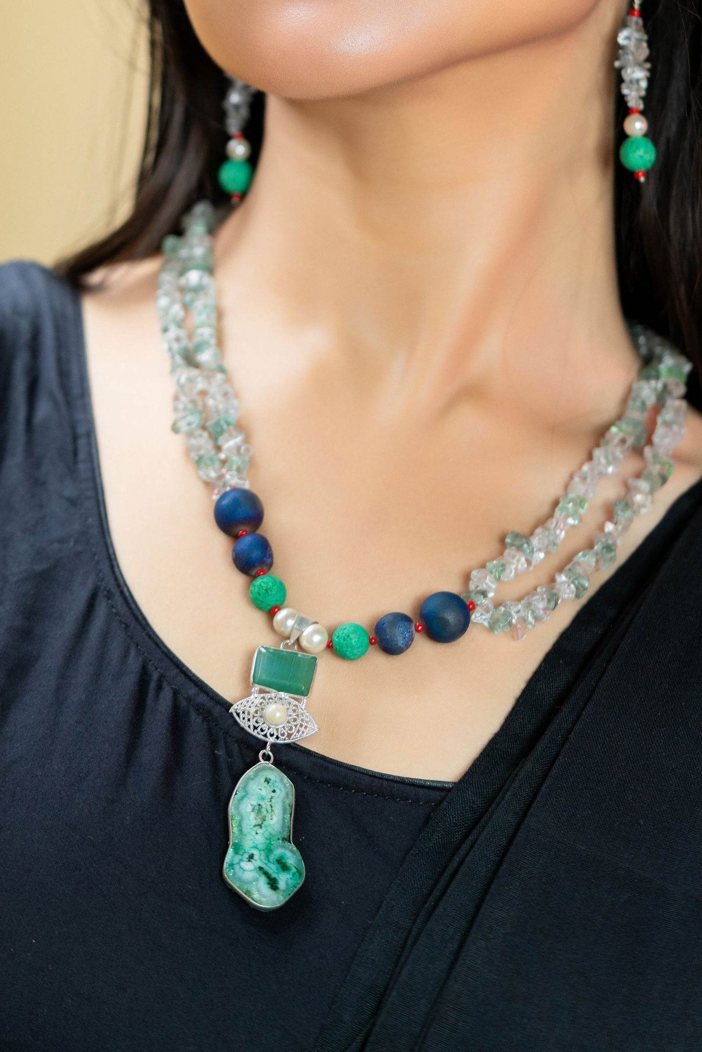 Handmade Blue Green Semi Precious Drazy Lava Agate Stone Chips Necklace with earrings Jewelry Set - Lookandadorn.com