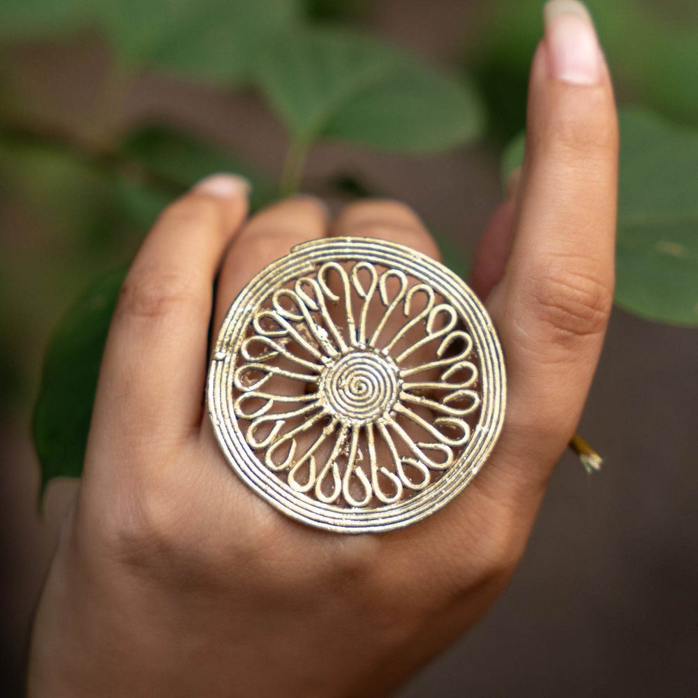 Handmade Circular Dokra Brass Adjustable Finger Rings | Unique Indian Jewelry with Intricate Artistry - Lookandadorn.com