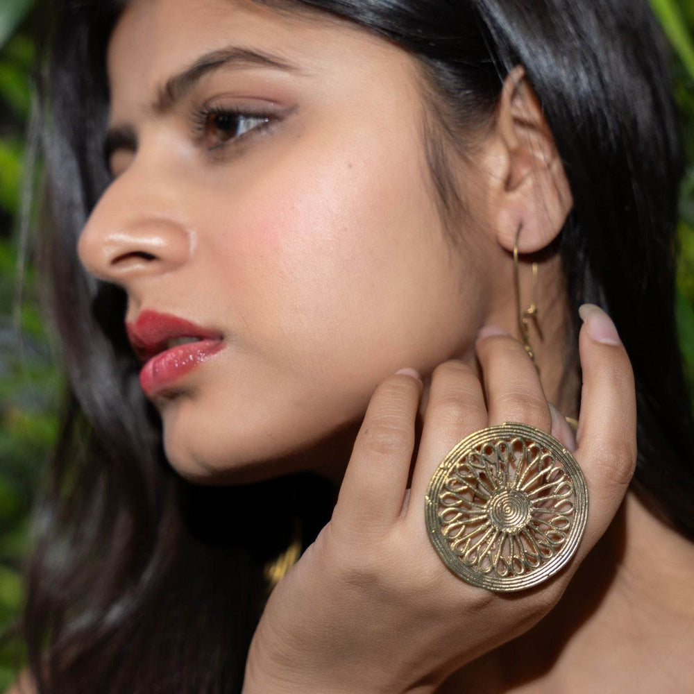 Handmade Circular Dokra Brass Adjustable Finger Rings | Unique Indian Jewelry with Intricate Artistry - Lookandadorn.com